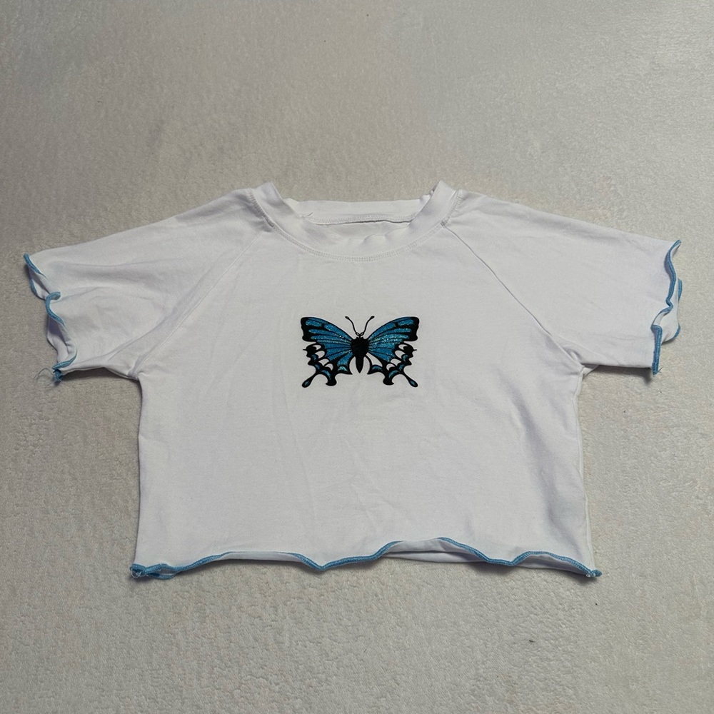 Blue lettuce hem butterfly crop top